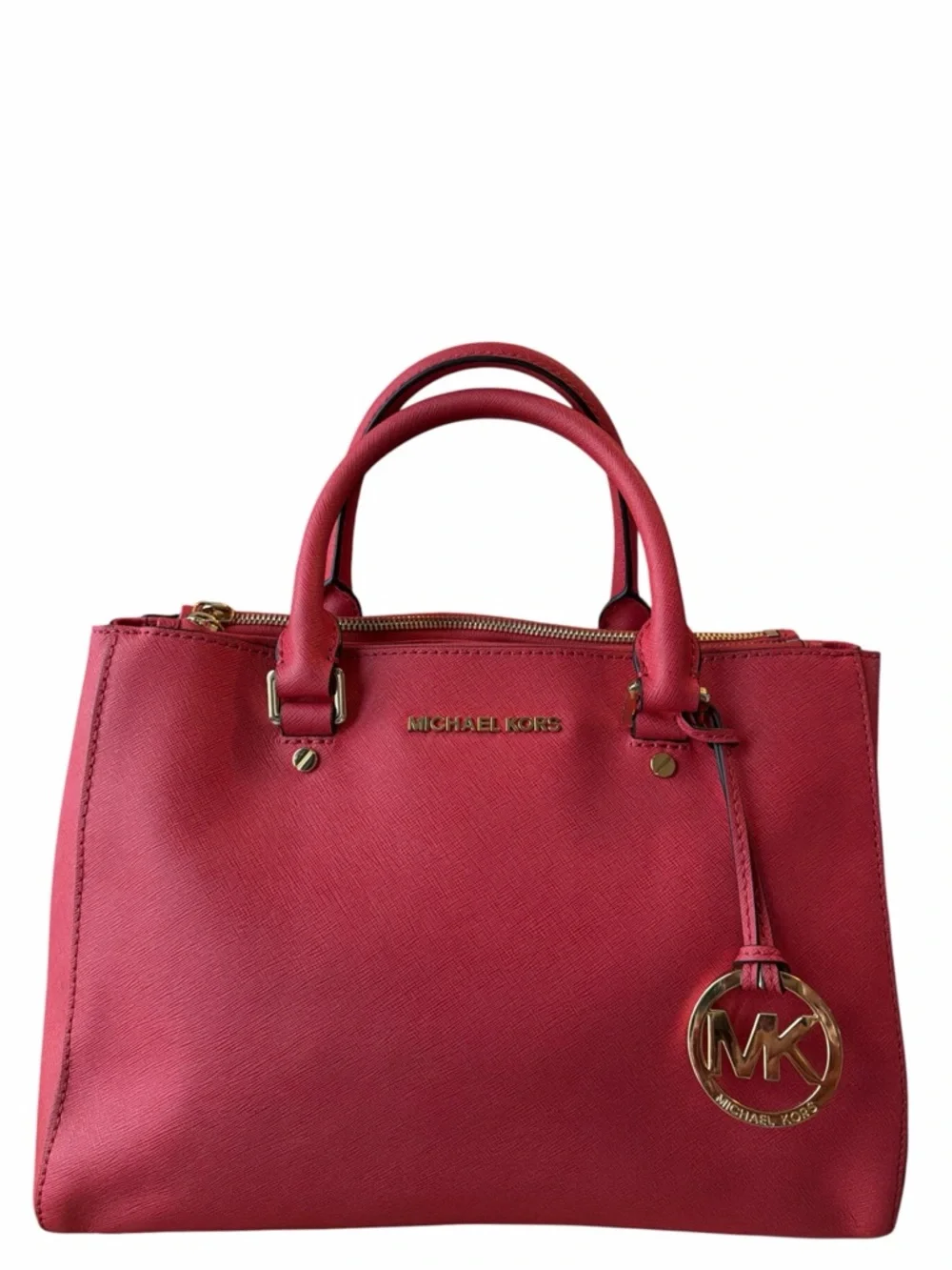 Michael Kors Red Saffiano Leather Satchel Tote Crossbody Gold Hardware Large